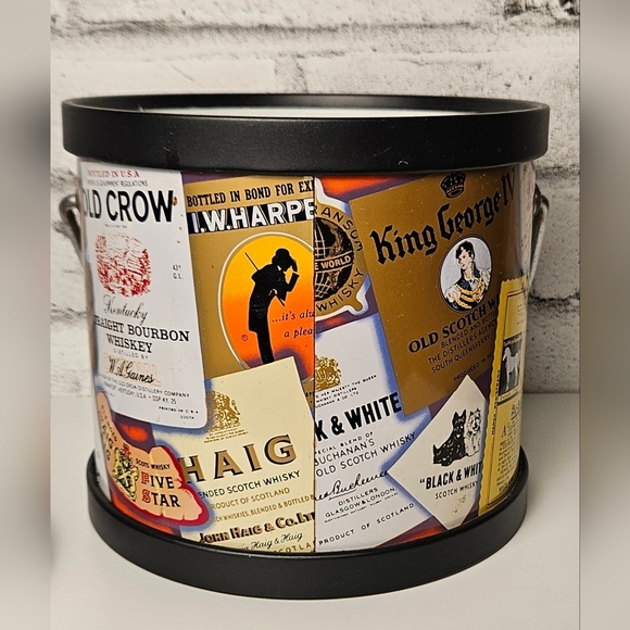 Vintage Whisky Label Ice Bucket w/ Tongs | Retro Barware Bar Cart Decor - Picture 9 of 12